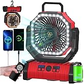 ADUST Camping Portable Battery Operated Powered Fan with LED Lantern Light 20000mAh Rechargeable, Oscillating Fan with 360° Rotation Hanging Hook for Tents, Cordless USB Desk Fan(Red)