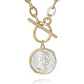 MISS SECRET Chunky Gold Necklaces for Women Coin Statement Necklace Antique Silver and Gold Chain Thick Toggle Pendant Trendy Fashion Jewelry