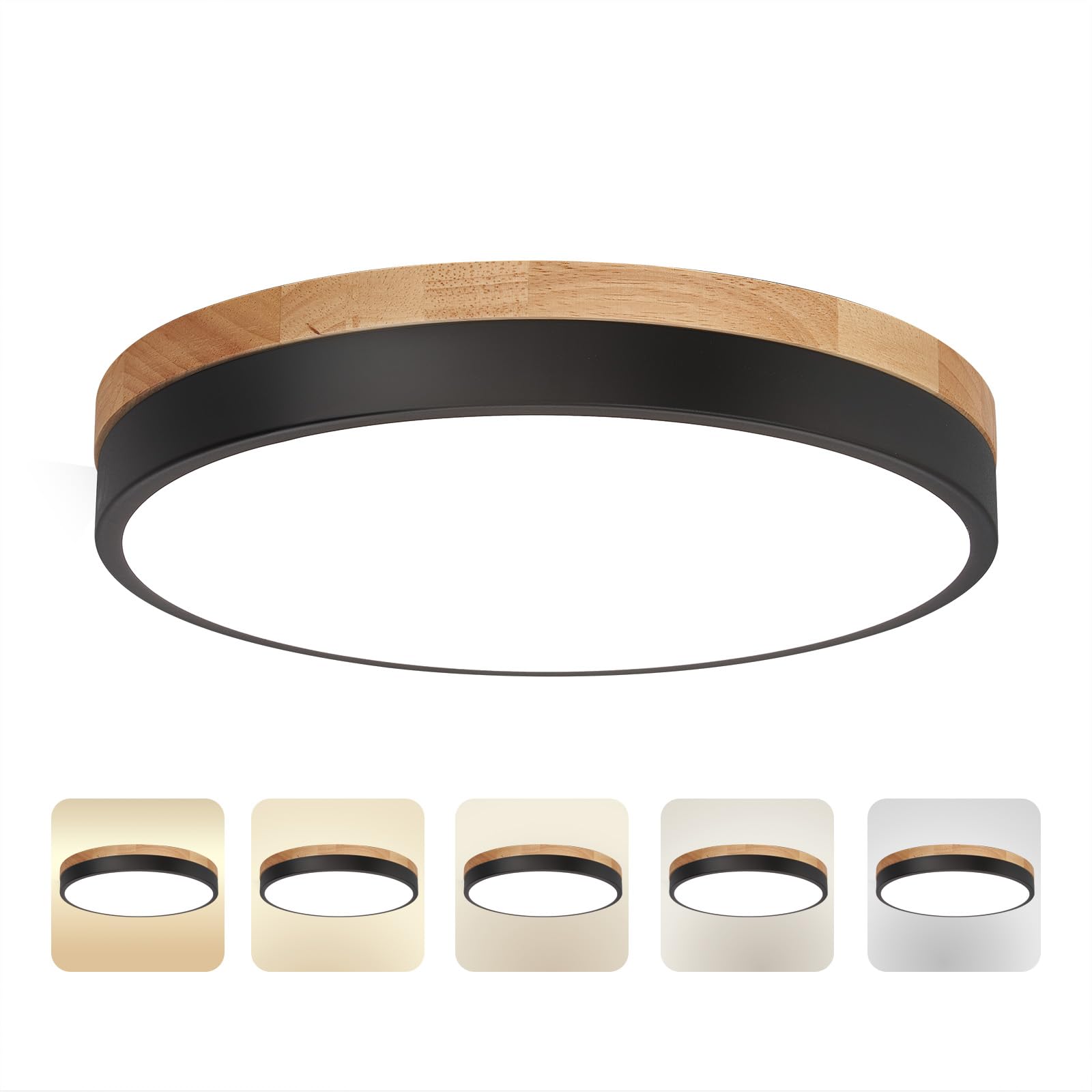 Photo 1 of 11.8 inch Wood Led Flush Mount Ceiling Light, Dimmable, 5CCT 3000K-6000K Selectable, 36W, 3600LM, Round Modern White Light Fixture Ceiling Mount for Bedroom, Laundry Room,Kitchen, Hallway, Black