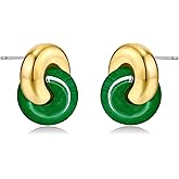 Small Twist Interlock Chunky 18K gold plated Gemstone Natural Stone (Brown, Green, Pink, White) Statement Earrings for Women by SNGIA, Dainty Love Knot Tiger Eye Amber Jade Tourmaline Bold Handmade Exaggerated Dome Retro Rounded Button Half Ball Trendy Bohemian Jewelry Gifts, Unique Baroque Circle Stone Summer Beach Fashion Earrings Accessories, Round Thick Circular Nickle Free Huggies Earrings.