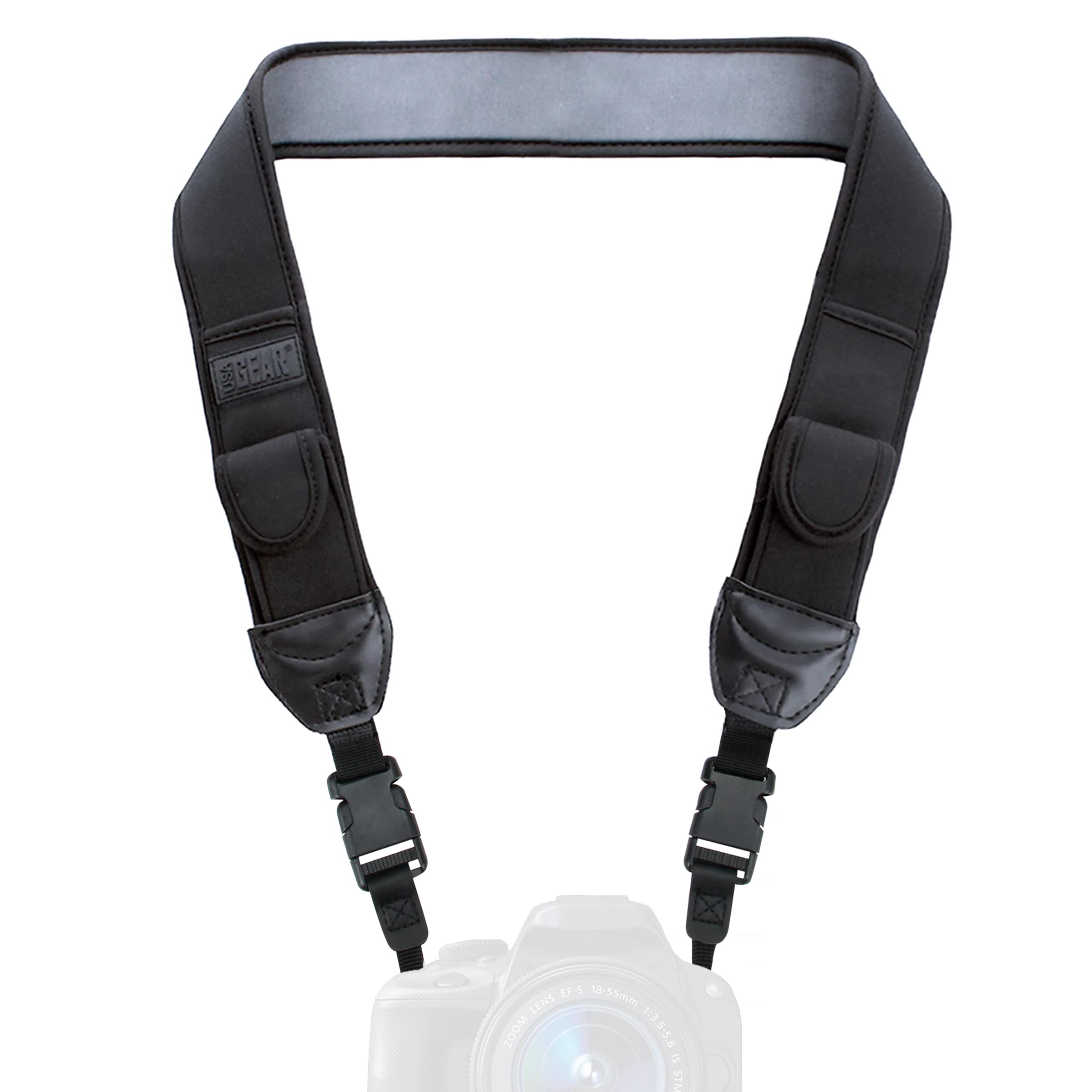 USA Gear Digital Camera Neck Strap with Neoprene Design, Accessory Pockets and Quick Release Buckles - Compatible with Canon, Fujifilm, Nikon, Sony and More DSLR, Mirrorless, Instant Cameras - Black
