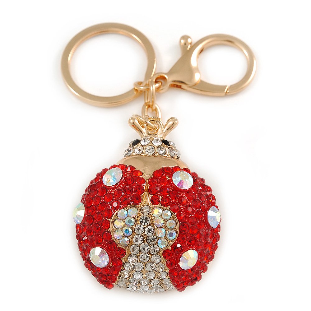 Avalaya Red/Ab Crystal Ladybug Keyring/Bag Charm In Gold Tone Metal - 8cm L