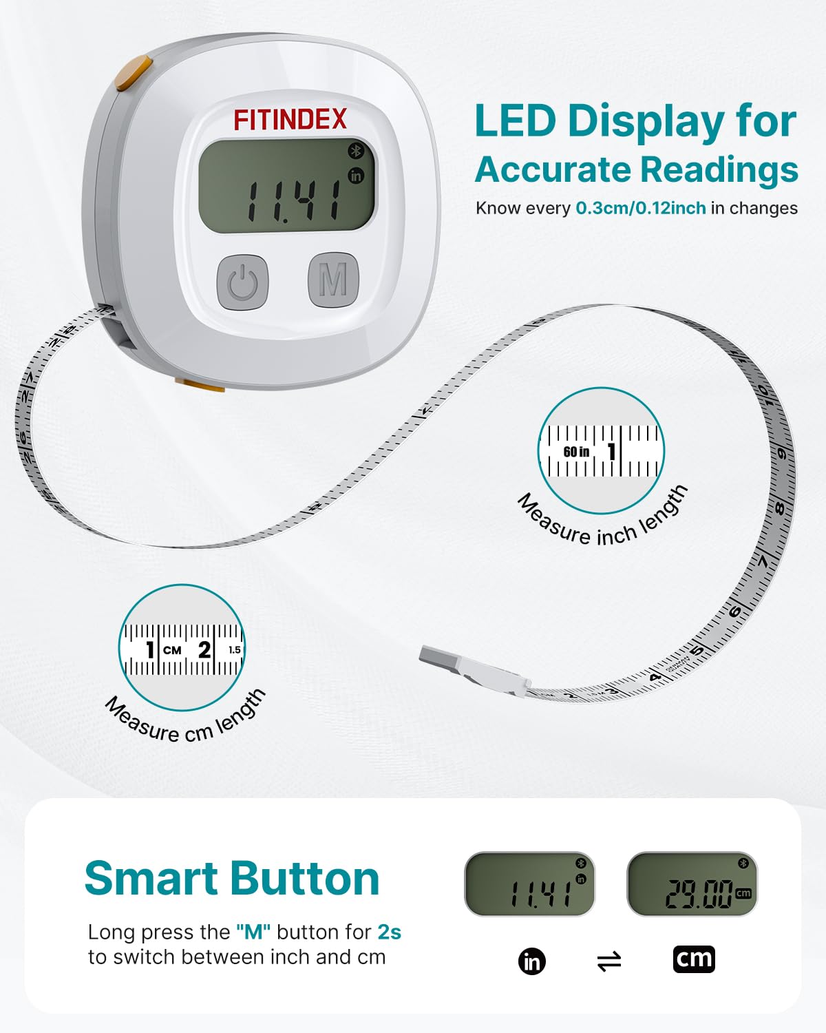 FITINDEX Smart Measuring Tape, Body Tape Measure for Body Measurements, Retractable, Waist, Hip, Bust, Arms, Fitness, Accurate, Body Building, Weight Loss, Sync with APP