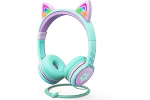 Kids Headphones with LED Light Up Cat Ears, Wired 3.5mm On-Ear Headset (Safe Volume Limit 85 dB) Lightweight for Boys Girls S