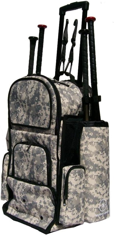 MAXOPS Vista CTR in Digital Camouflage Softball Baseball Bat Equipment Roller Backpack with Innovative Removable Bat Sleeves, Embroidery Patch and Pull Out Handle