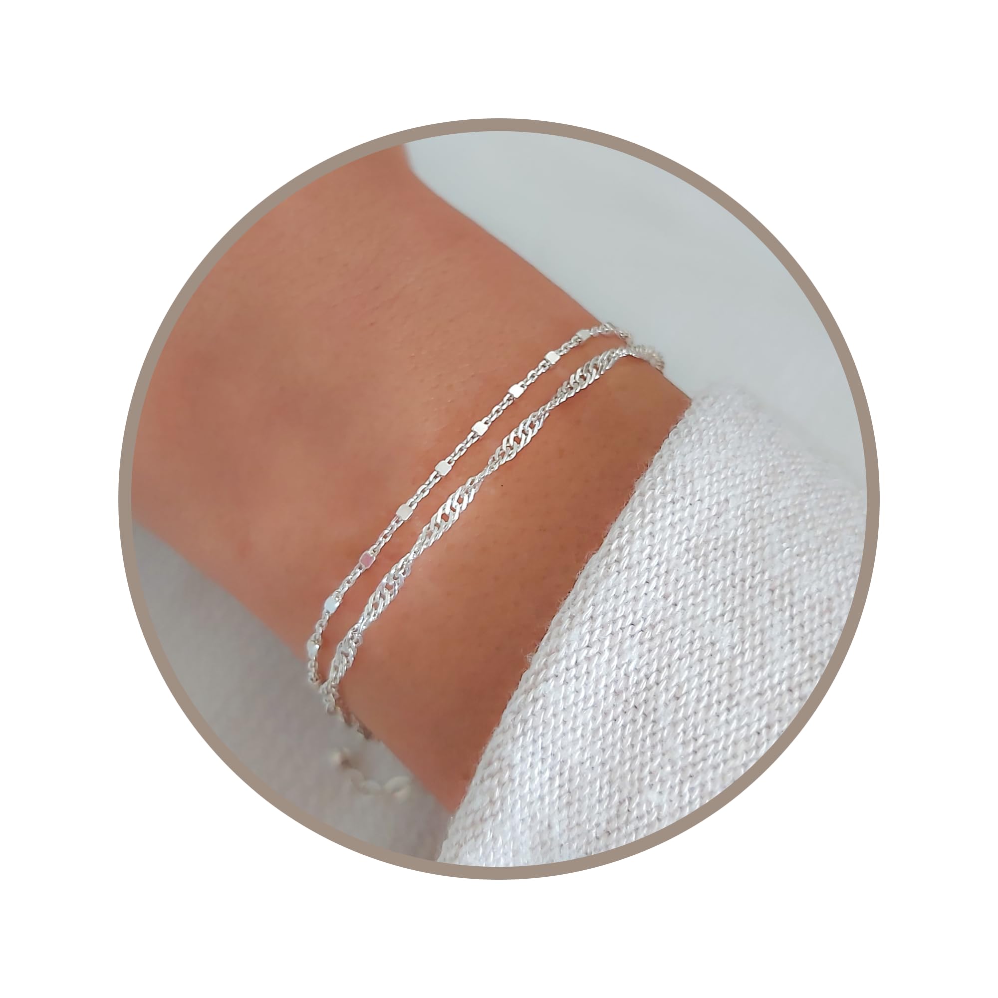 Photo 1 of Annika Bella Double Stranded Sterling Silver Bracelet for Women, Dainty Waterproof Chain Bracelet for Women, Teen (Twirl & Satellite Chains)
