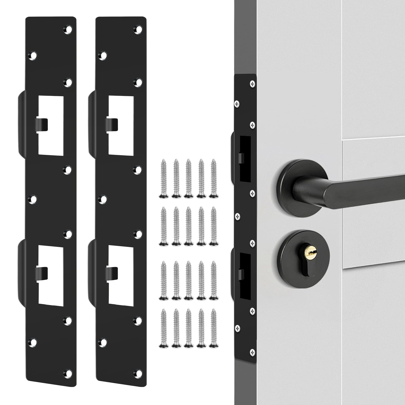 Metal Latch Plate Door Lock, Double Holes Door Latch Security Plates Reinforcement Door Striker Plates for Interior Door, Security Door Lock for Bathroom and Toilet Doors (2Pack - Black)