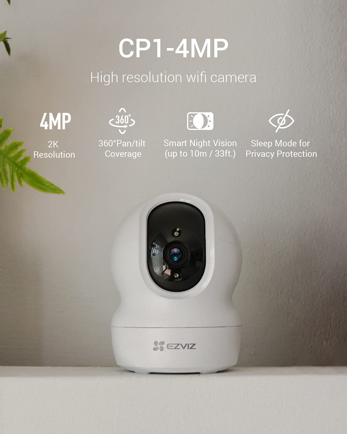 2K+ Indoor Security Camera, WiFi, 360° Coverage, Night Vision, Auto Motion Tracking, Pet Baby Monitor, Two Way Talk, Compatible with Alexa (CP1 2K+)