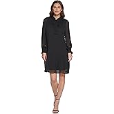 DKNY Womens Long Sleeve Tie Neck Pleated Dress