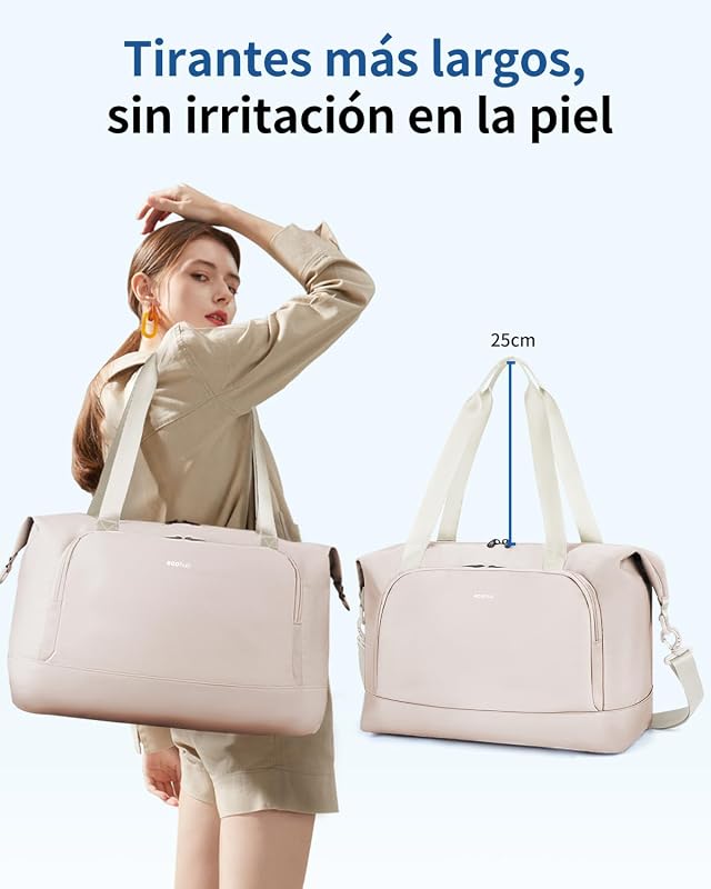 Bolsa de Viaje Plegable, Equipaje de Mano Ligera y Resistente al Agua para el Fin de Semana, Bolsa Viaje con Reciclada Bolsillo Húmedo Extraíble para Mujer y Hombre, 30L-Beige