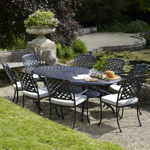 Ancona Oval Table Set With 8 Venice Armchairs Black Metal Garden Furniture Set 8 Seater Dining Set Outdoor Patio Table And Chair Set Seat Pads Only Included Amazon Co Uk Garden Outdoors