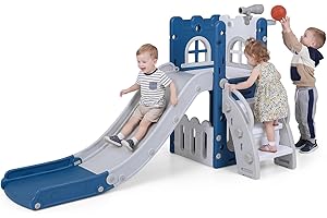 BABY JOY Toddler Slide, 6-in-1 Indoor Kids Slide Playset with Basketball Hoop, Telescope, Climbing Ladder & Storage Space, Fr