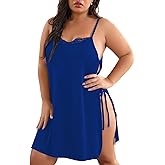 XAKALAKA Women Plus Size Lace Babydoll Lingerie Side Slit Strappy Chemise Sleepwear