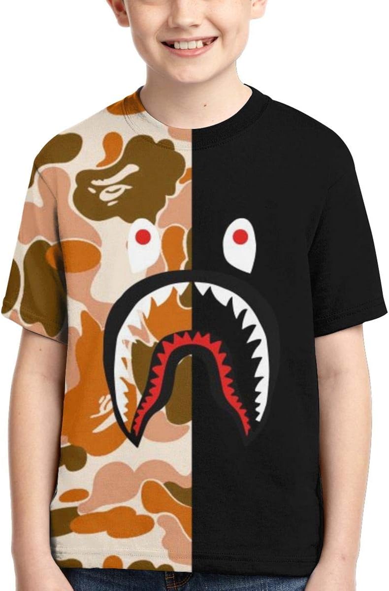 Bape Shark Half Gray Camo Boys Girls 3D Printed Short Sleeves T Shirt Fashion Youth Tee Shirts