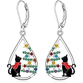 Black Cat Earrings Christmas Tree Earrings for Women Sterling Silver Dangle Cat Earring Holiday Leverback Halloween Christmas Cats Gifts