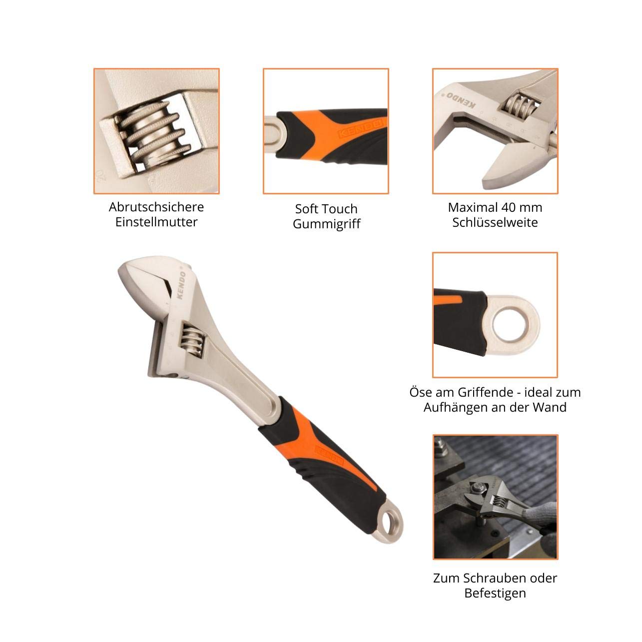 Kendo Rollgabelschlüssel - 300 mm- Max. 40 mm Maulweite - Engländer Werkzeug mit 2 Komponenten Griff - Verstellbarer Schraubenschlüssel mit abgewinkeltem Kopf 4