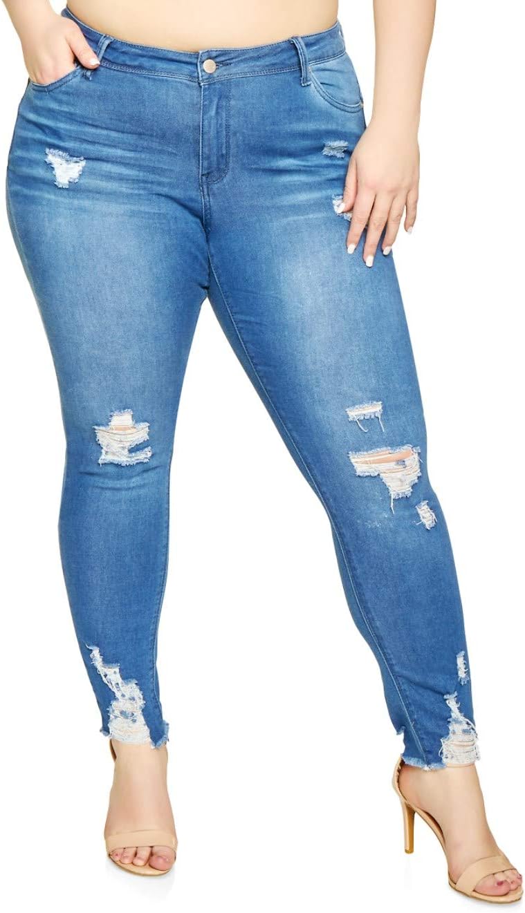 Jack David/Wax Womens Plus Size Ripped Destroy Blue Denim Roll up Distressed Jeans Pants