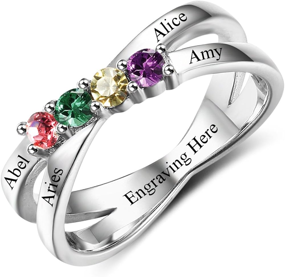 Diamondido Custom Mothers Rings with 4 Simulated Birthstones