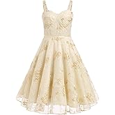 IBTOM CASTLE Women Floral Embroidery Dress 1950s Sleeveless Spaghetti Strap Formal Cocktail Party Wedding Evening Dance Gown