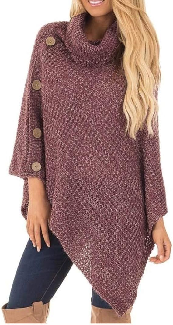 U/A Women's Sweater Cape Cape Women's Knitting high Collar Button Irregular Hem Sweater Amazon