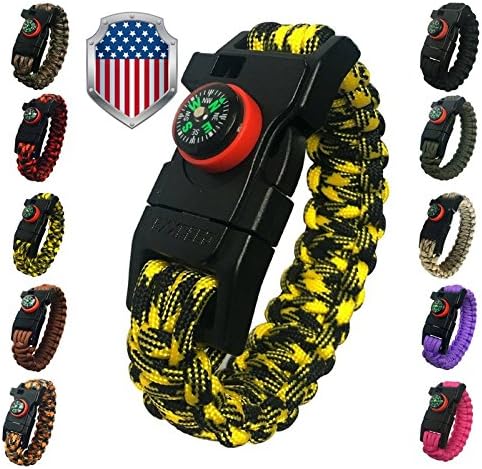 550 Paracord Survival Bracelet Kit 5-in-1 Hunting Gear with Emergency Knife, Compass, Fire Starter, Flint and Whistle by Exxceed, Yellow Black Camo, Medium