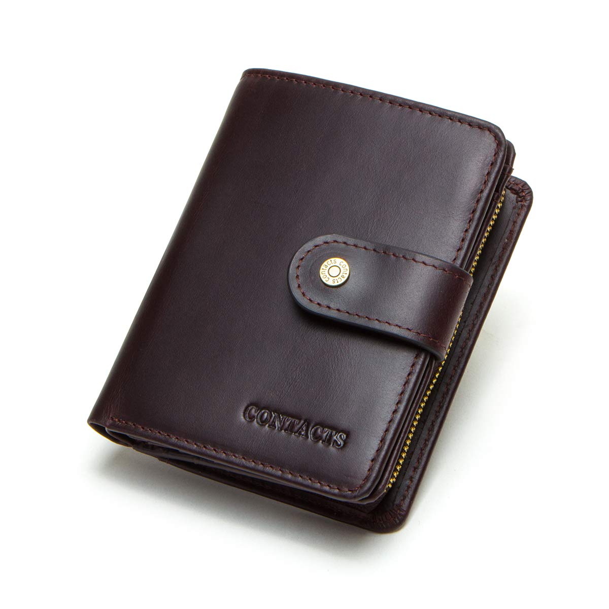 CONTACTS Mens RFID Blocking Full Grain Leather Zipper Coin Pocket Purse Bifold Wallet (Dark Coffee)