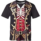 HSKLHBDIL Men's Pirate Costume T-Shirt Skeleton Suit Print Tee Cosplay Short Sleeve Halloween Top