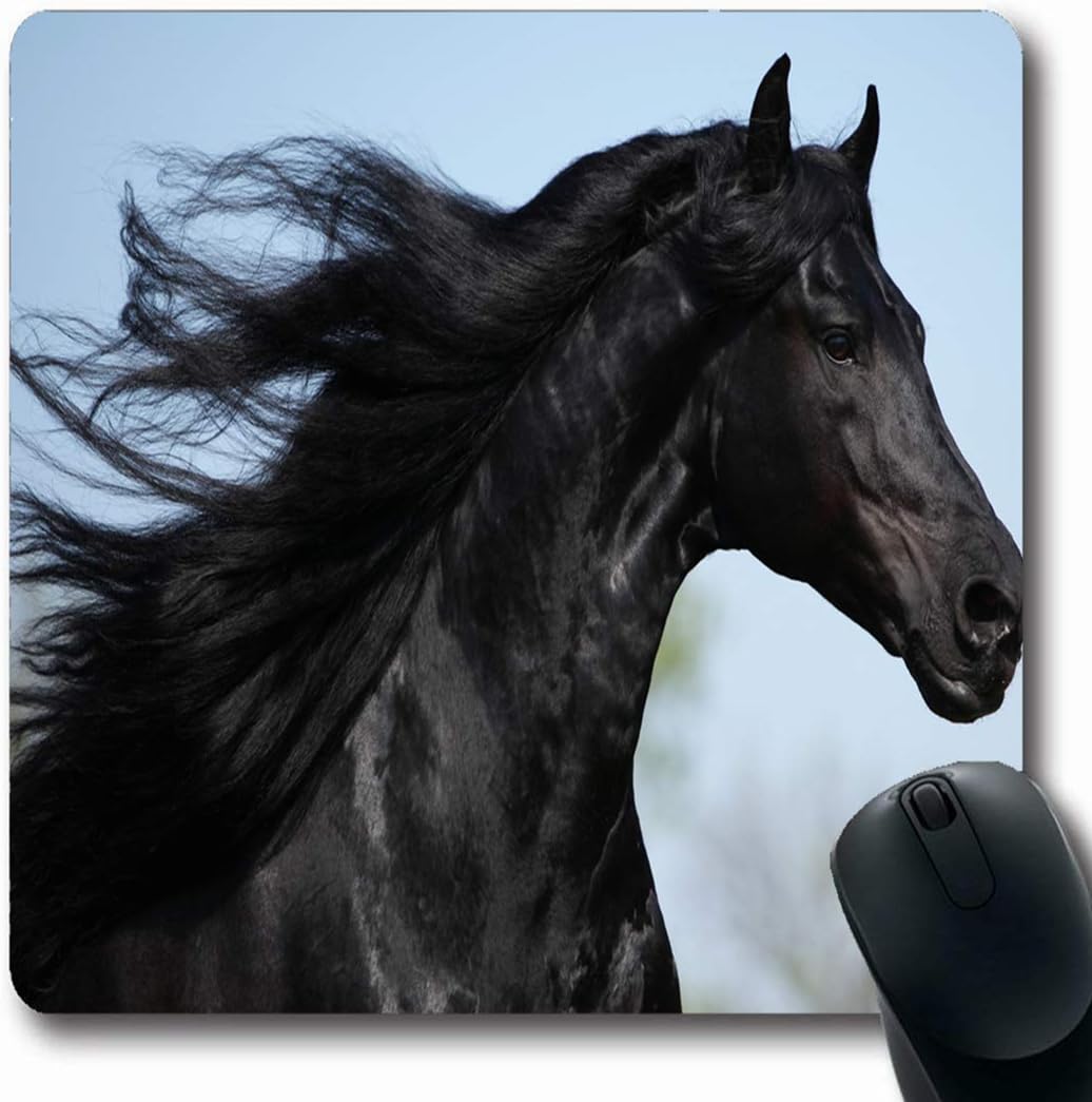 RWYZPAD Thoroughbred Black Gorgeous Friesian Stallion Long Mane Strong Running Horse Hair Speed Action Oblong Shape 8.6 X 7.1 in Non-Slip Gaming Mouse Pad Rubber Oblong Mat