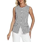 D-Sun Women's Sleeveless Blazer Vest Button Down Suit Vest Tops Gingham Trendy Round Neck Business Outerwear Waistcoat