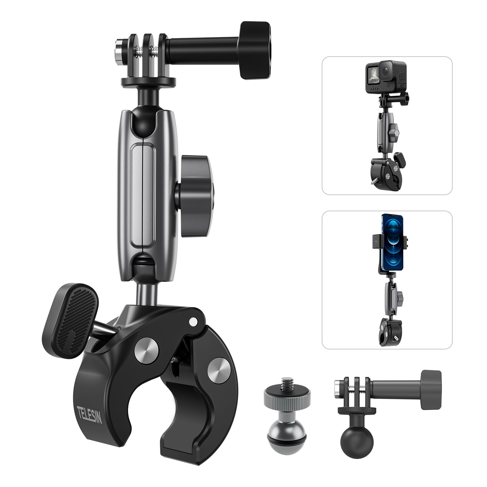 TELESIN Bike Handlebar Clamp Mount Motorcycle Mount for GoPro Hero 13 12 11 10 9 8 7 Insta360 X5 X4 DJI Osmo Action 5 Pro 4 Action Cameras Accessories - 360 Degree Rotation