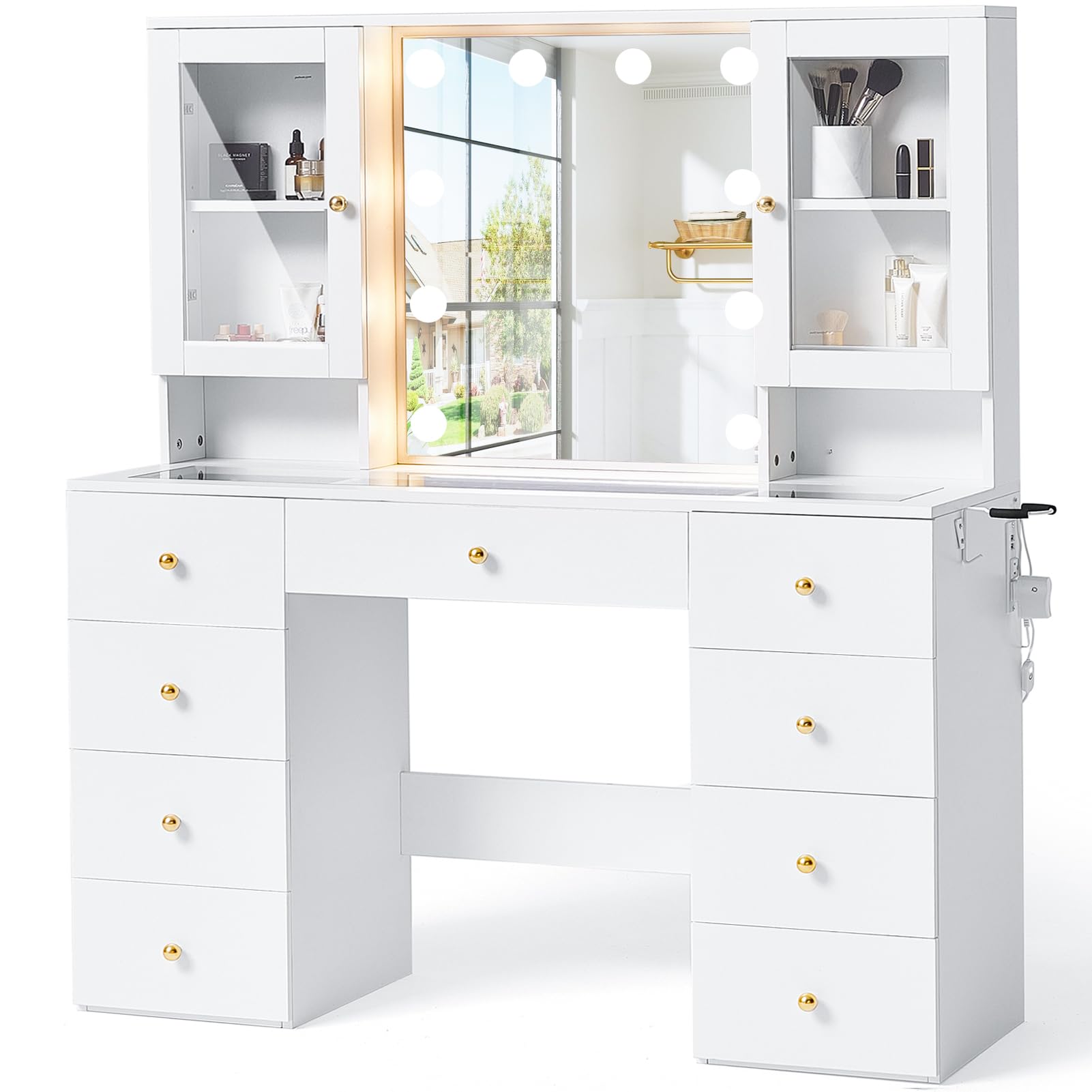 Photo 1 of **************** missing mirror and the glass that goes on top of countertop****************
LINSY Glass Top Vanity, White Vanity Desk with Mirror and Lights, Modern Makeup Vanity with Storage, 9 Drawers, 2 Cabinets and Outlet, 47" Big Vanities for Bedroo