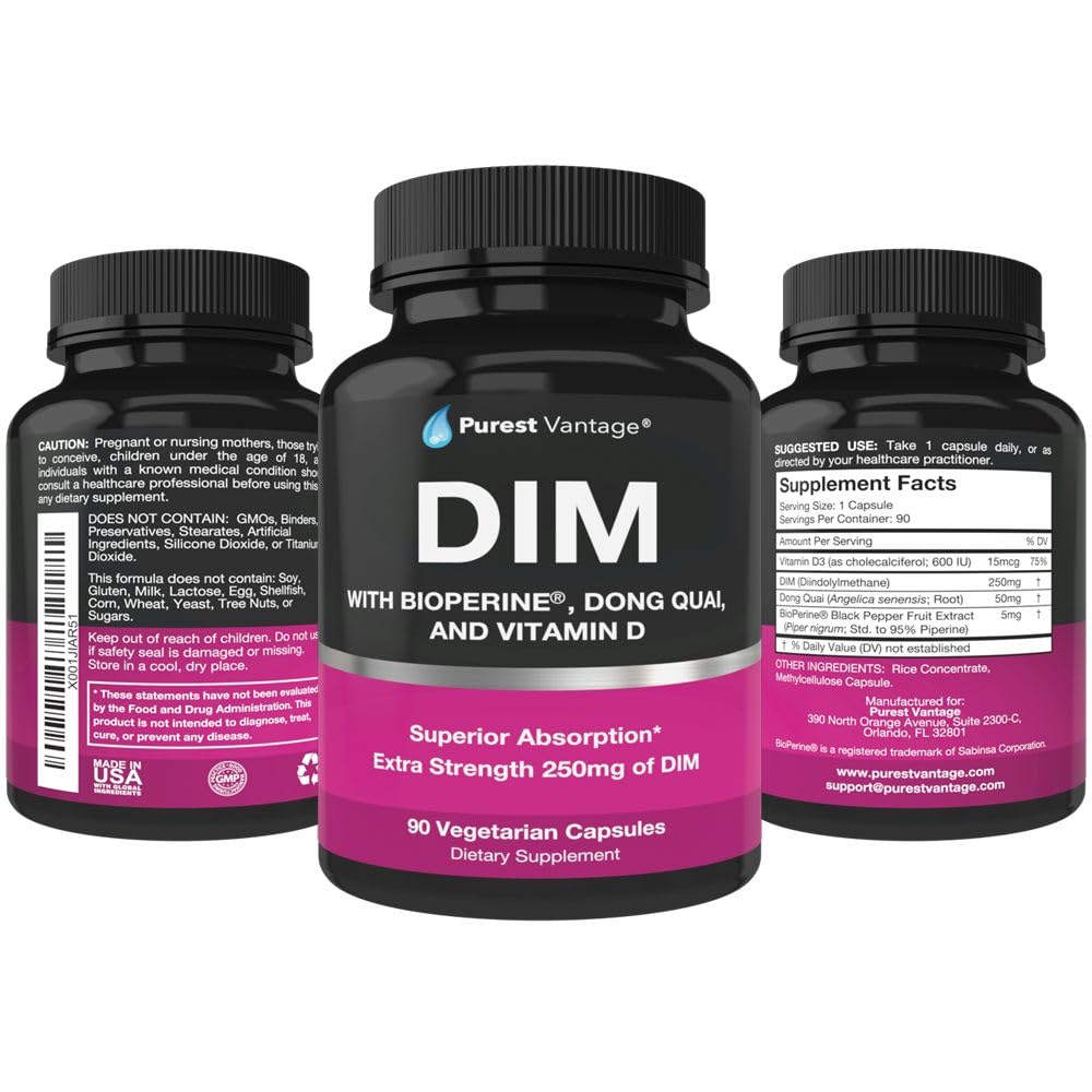Pure DIM Supplement 250mg Diindolylmethane Plus BioPerine and Dong Quai - Hormone Balance Support for Women and Men, Menopause & Estrogen Support - 90 Vegetarian Capsules