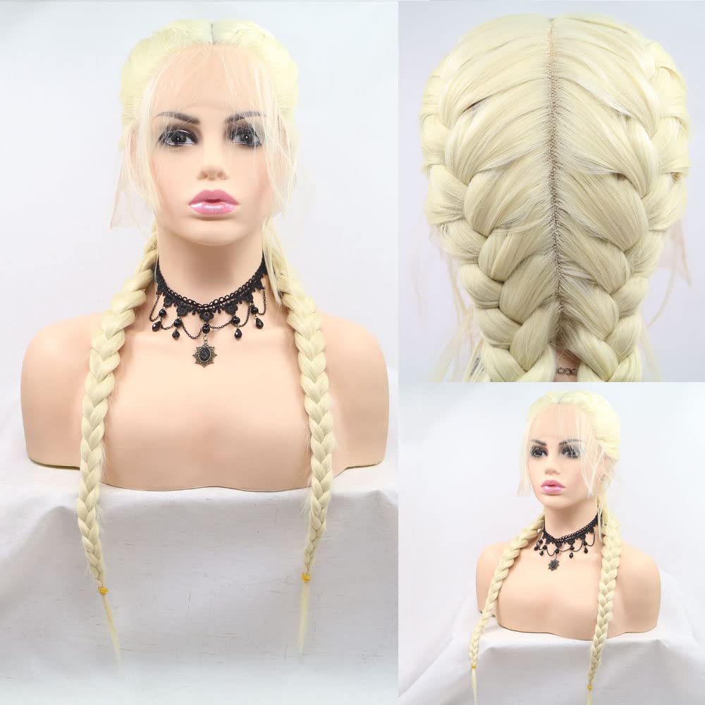 xiweiya Double Blonde Braided Wig Long 24" 2 Twist Braids Wig, 100% Hand Crochet 613# Golden Synthetic Lace Front Wig with Baby Hair Heat Resistant Fiber Glueless Wig for Women (Back add hand weaving)