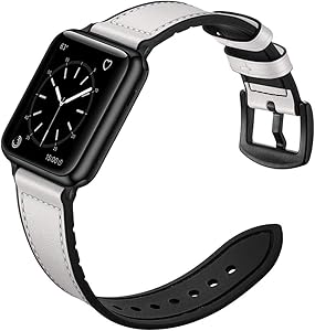 Misker Leather Band Compatible Withe Apple Watch 38mm 40mm 42mm 44mm, Genuine Leather Withe Silicone Replacement Strap Buckle Compatible with iWatch Series 5/4/3/2/1 (White, 42mm/44mm)