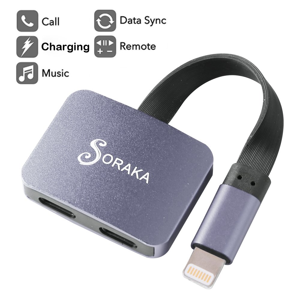 SORAKA Dual Lightning Adapter and Splitter 2 in 1 for iPhone 7/iPhone 7 Plus/ iPhone 8/ iPhone 8 plus/iPhone X, Audio & Charge & Call Function (Support iOS 11) (Sliver)