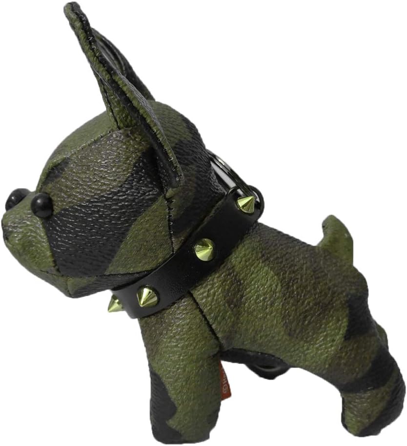 Poppow Handmade French Bulldog Keychain Leather Car Circle Key Rings Pendant Gift Purse Handbag Backpack Accessories (Camouflage Pattern)