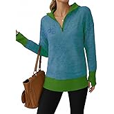 Saodimallsu Womens Quarter Zip Sweaters Striped Color Block Knit Sweatshirt Casual Trendy Pullover Tops with Thumb Hole