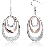Guudmann Triple Silver and Rose Gold Dangle Earrings for Women - Hammered Oval Circle Drop Earrings, Large Hypoallergenic Trendy Jewelry