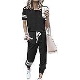 PRETTYGARDEN Women Summer Two Piece Outfits Striped Short Sleeve Pullover and Long Pants Tracksuit Travel Pajama Lounge Set