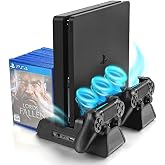 URWOOW Vertical Stand for PS4/PS4 Slim/PS4 Pro, Black | Controller Charging Station, 12pcs Game Storage, PlayStation 4 Charger, 3 Cooling Fan