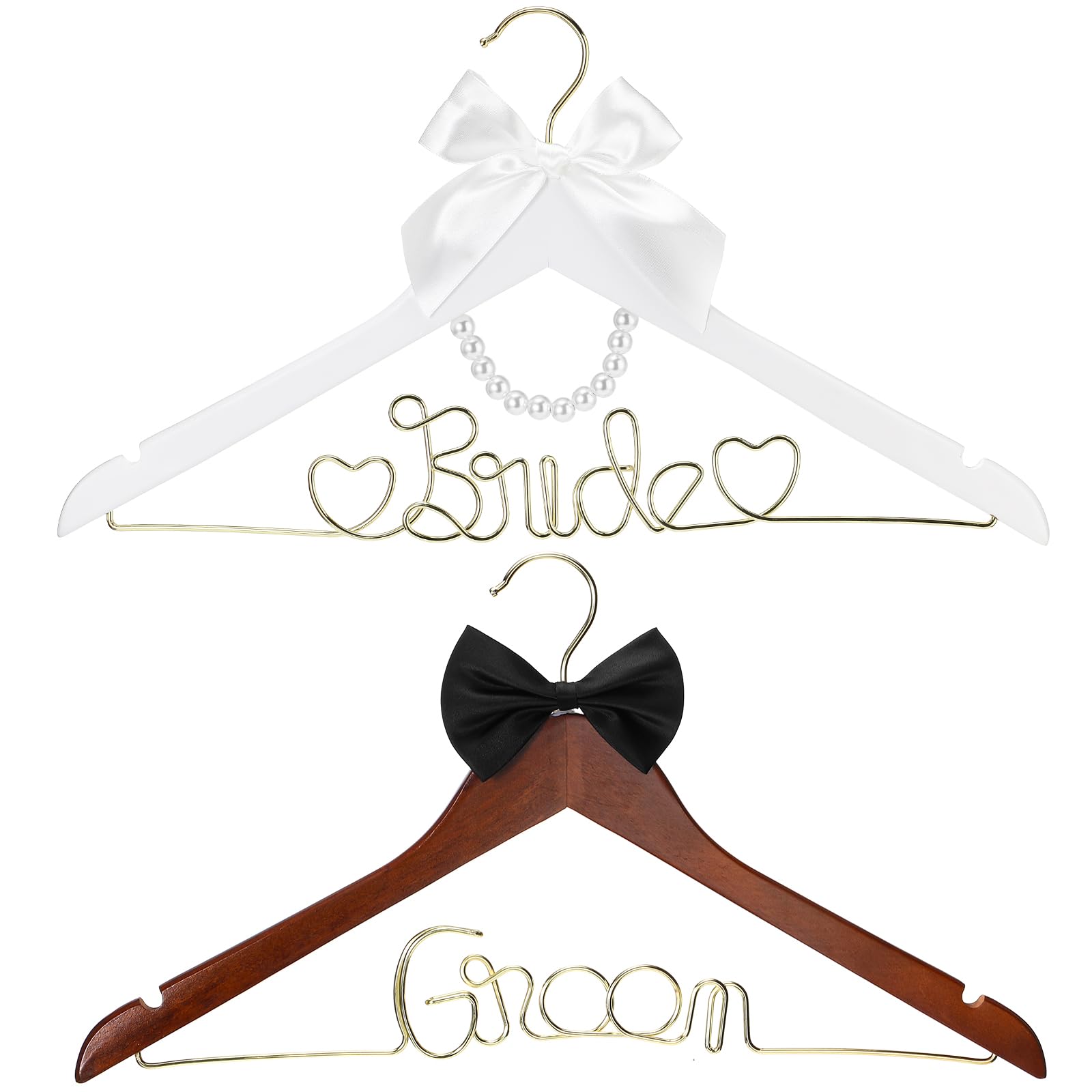 Photo 1 of 2 Pcs Bride Hanger Bride and Groom Wooden Wedding Dress Hanger Set with Bow Tie for Tuxedo Suit Wedding Gift Bridal Party Shower(Fresh)