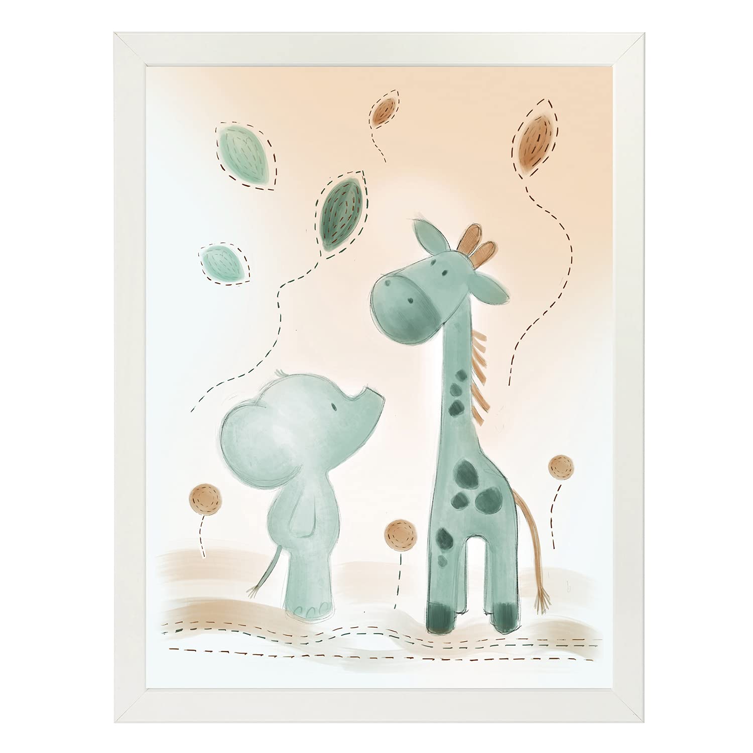 Nattou Poster with Picture Frame, Giraffe and Elephant Themes, Approx. 30 x 40 cm, Luna and Axel, Green / Beige