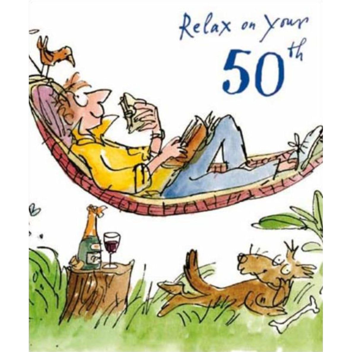 Birthday Card (WDM8777) Quentin Blake - Relax on your 50th - Man Relaxing in Hammock