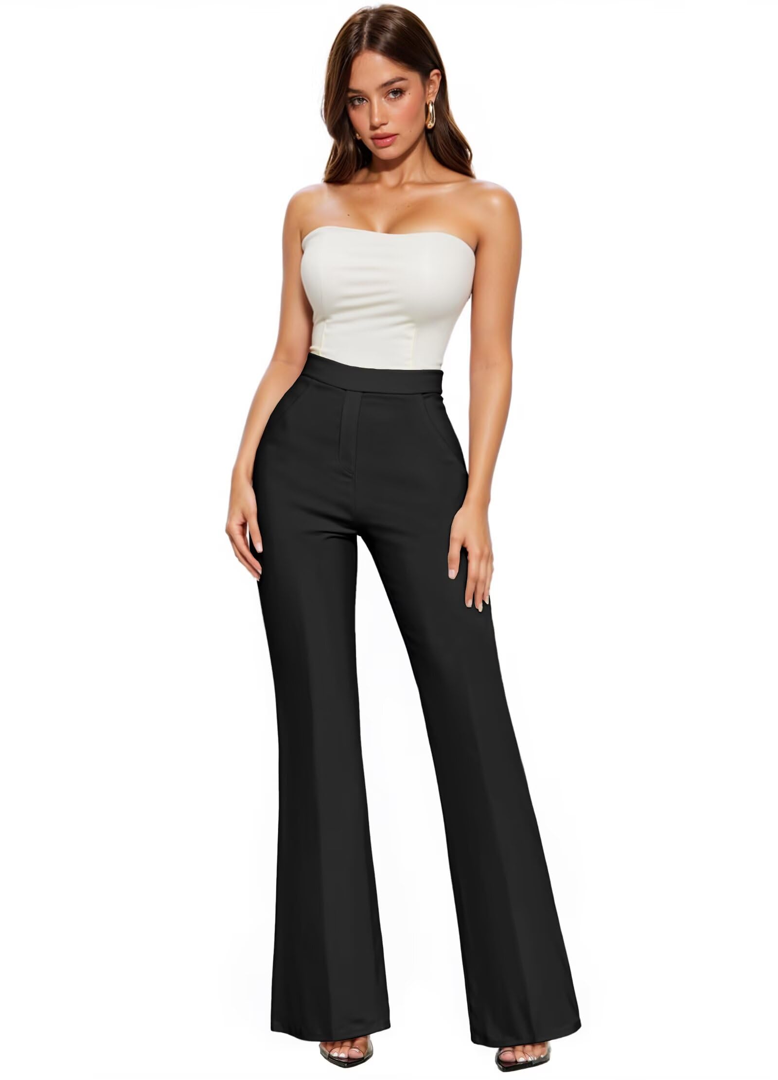 Photo 1 of & Company Womens Ultra Stretch Ponte Flare Pants-High Rise,Faux Pockets,Pull On,Wrinkle Resistant-Casual & Office Wear KP38012FL Black XL