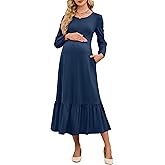 OUGES Women's Fall Cotton Blend Maternity Casual Dress Crew Neck Flowy Midi Pregnancy Dresses with Pockets 2025