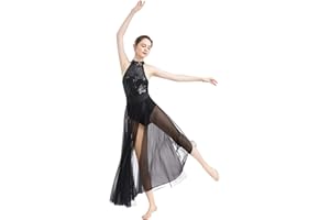 AFAVOM Sequin Lyrical Dance Dress for Women Contemporary Dance Costumes Halter Backless Leotard Flowy Mesh Skirt Dancewear