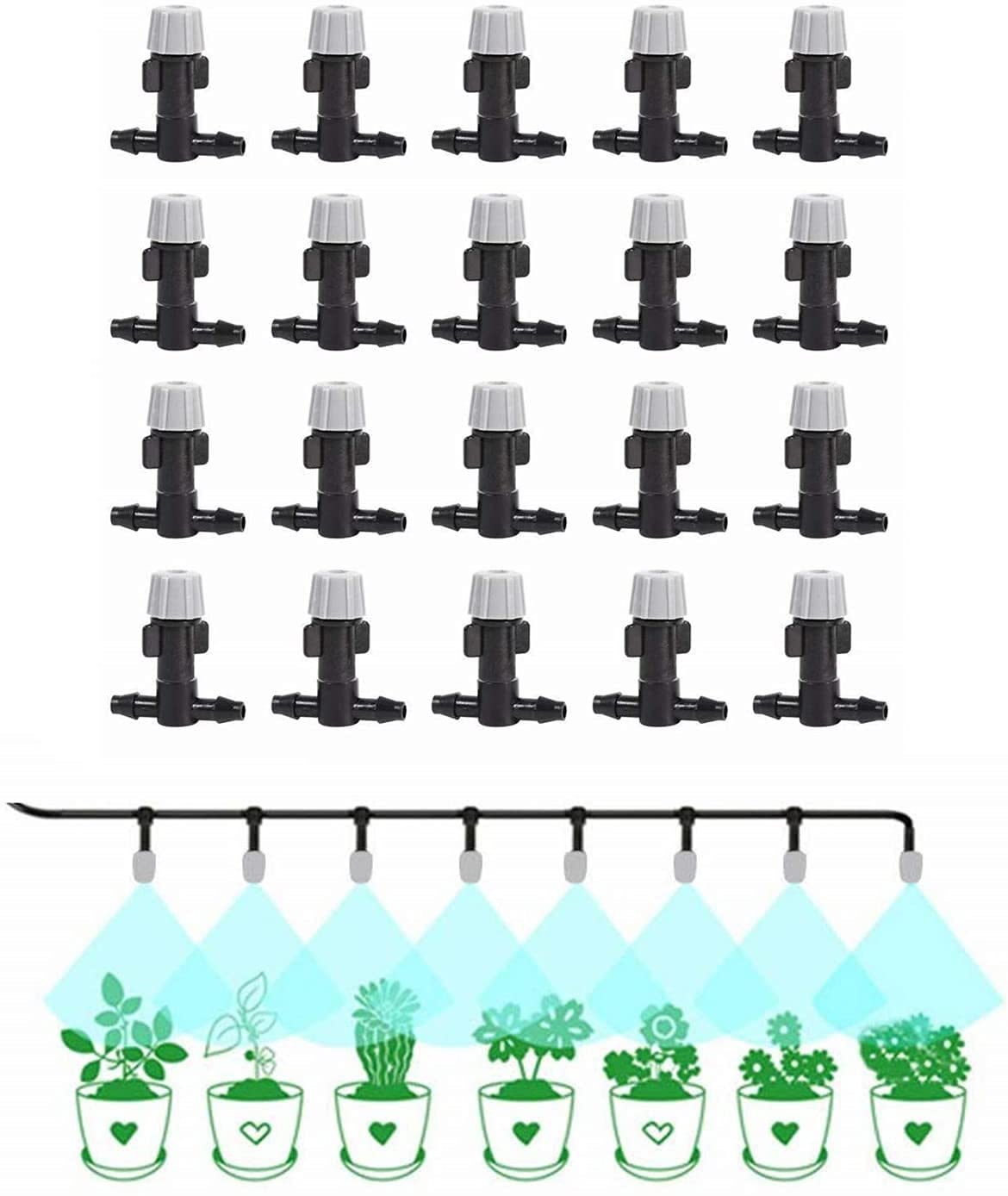 Cafopgrill 20Pcs Irrigation Atomizing Nozzles Sprinkler Heads + Tee Joints for Misting Fogging Spray Watering Plant Flower Cooling System Home Graden Irrigation