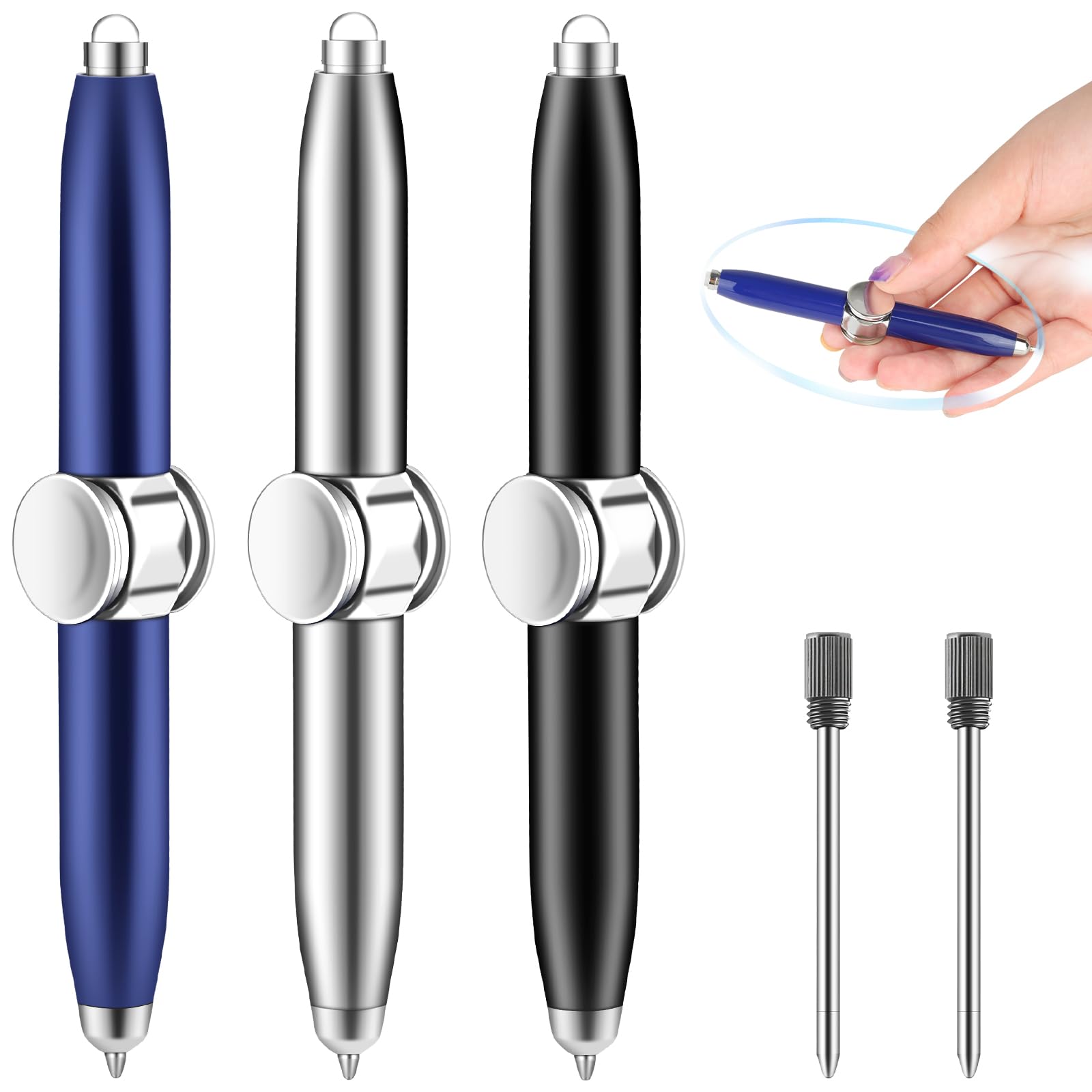3 Pcs Metal Rolling Fidget Pen with Light & Spinner - Stress Relief Writing Instrument for Adults and Children