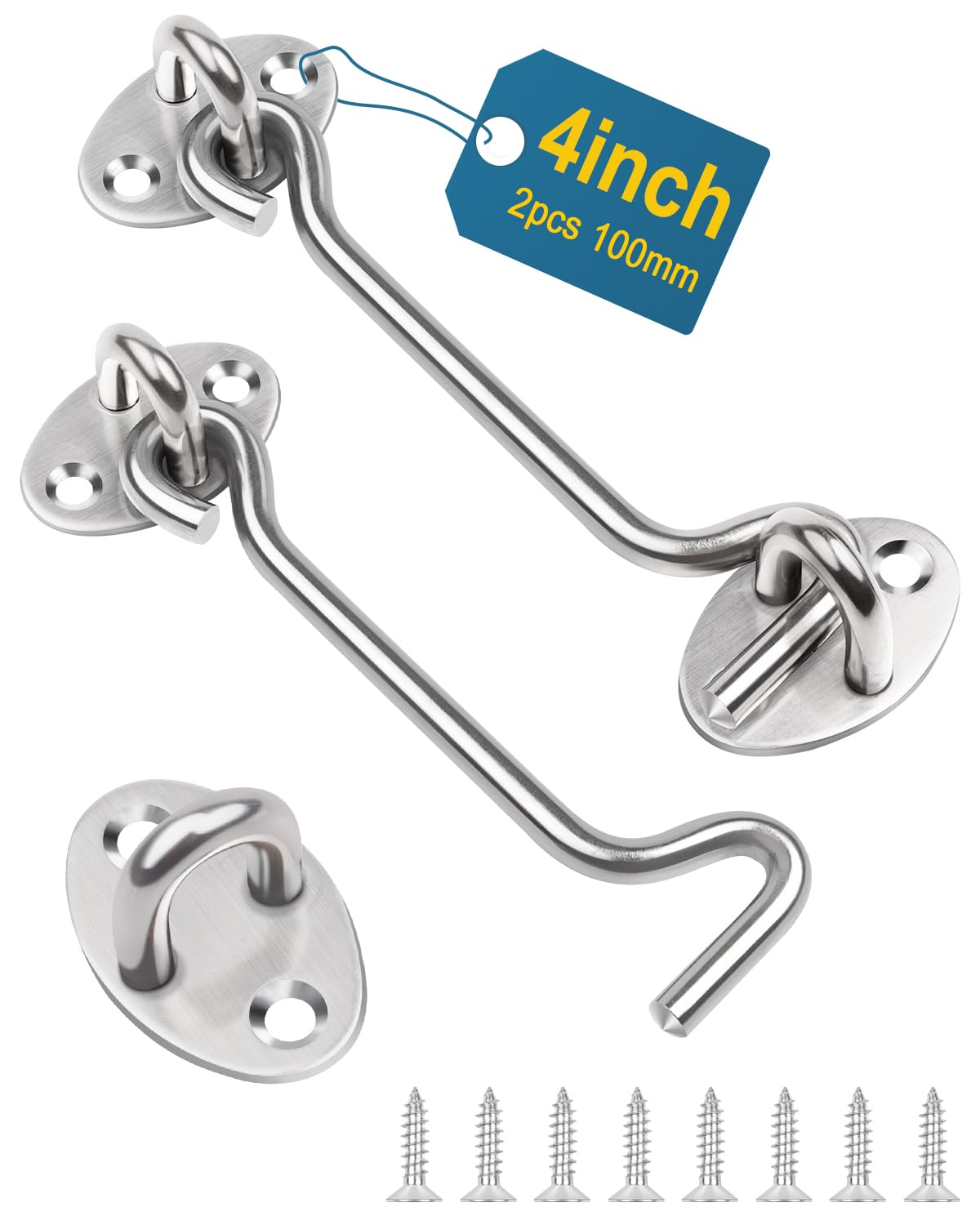 4 Inch Hook and Eye Latch, Leryati 2Pcs 100mm Silver Gate Hook Stainless Steel Cabin Hooks, Eye Latch Door Lock Hooks Lock, Apply to Wooden Gates, Window Brace Gate Door Catch