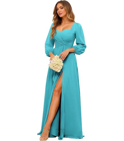 Eldecey Long Sleeve Bridesmaid Dresses with Slit V-Neck Chiffon Prom Dress Pleated Wedding Party Gown for Juniors Black US0 : Clothing, Shoes & Jewelry